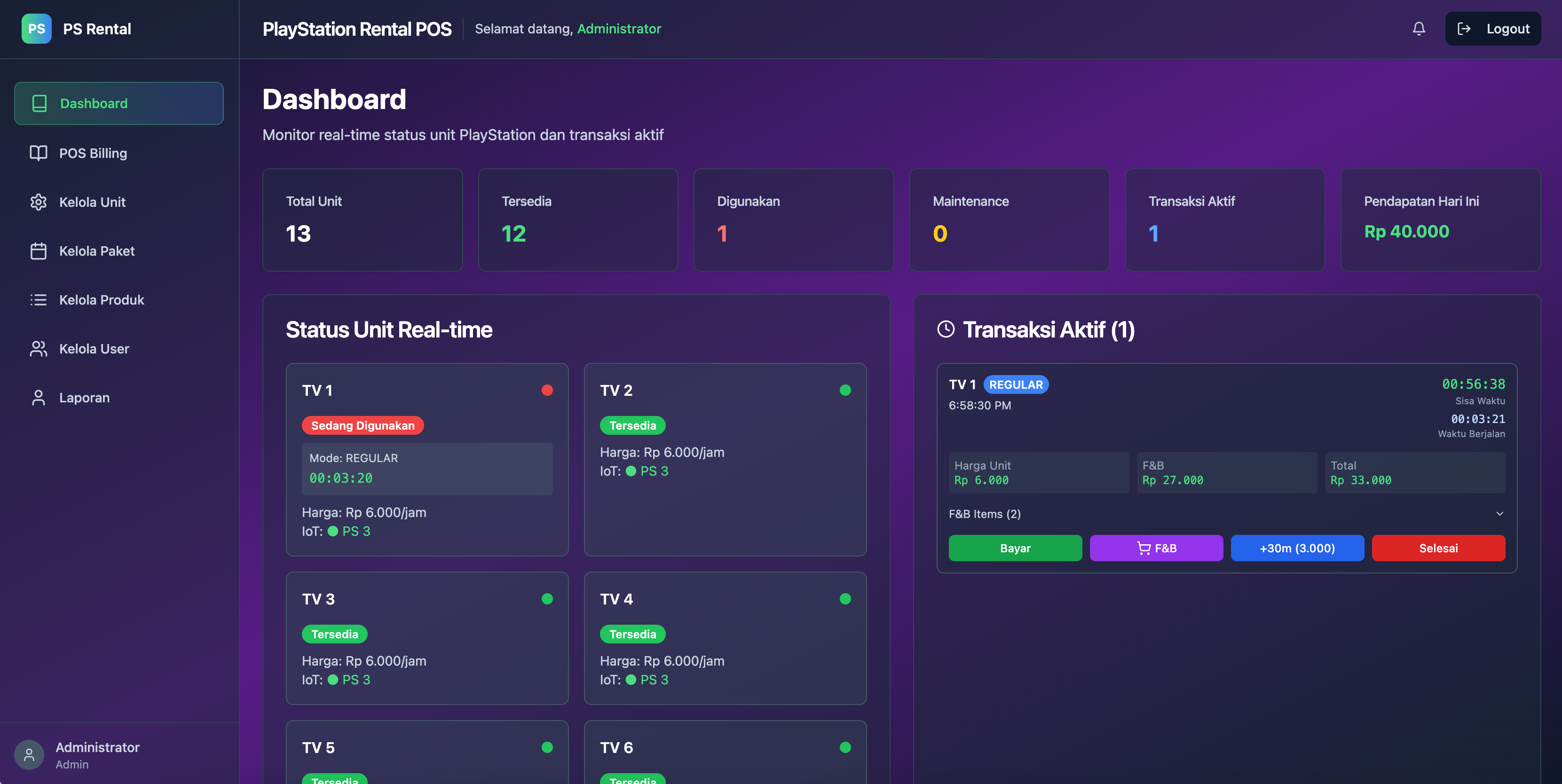 PlayStation Rental POS — Realtime Billing System